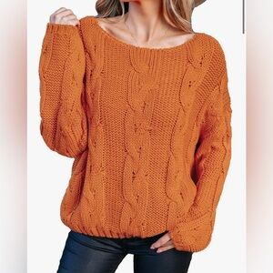Cupshe Women’s Orange Cable Knit Sweater Pullover Chunky Knit Cozy Fall Top Med